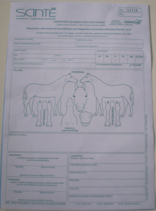 Formulário para exame de AIE e Mormo | Laboratório Veterinário Santé